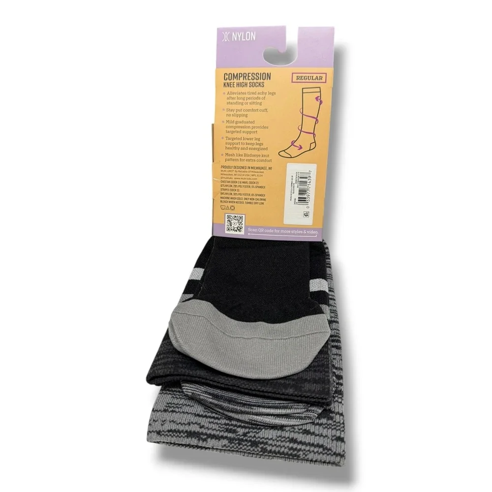 Muk Luks Women's 3 Pair Compression Knee High Socks Black Gray Leopard 8-15 mmHg